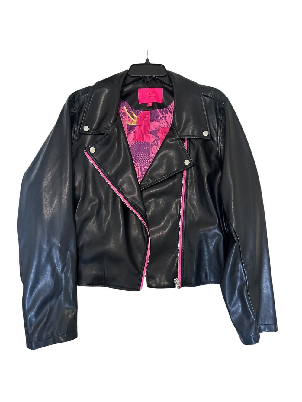 Torrid x Betsey Johnson Faux Leather Moto Jacket Women Sz 4 (4X) Black Pink